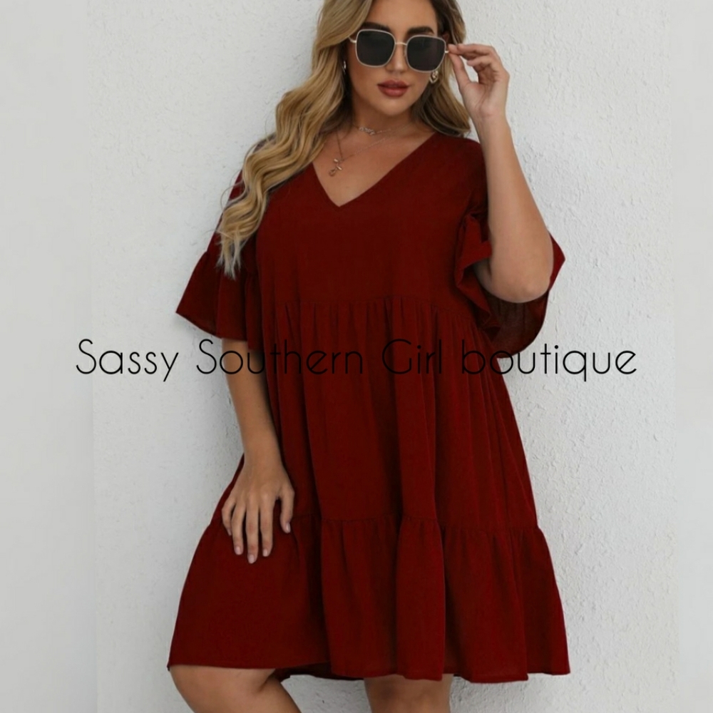 🆕⭐Plus size Wine red tiered babydoll dress